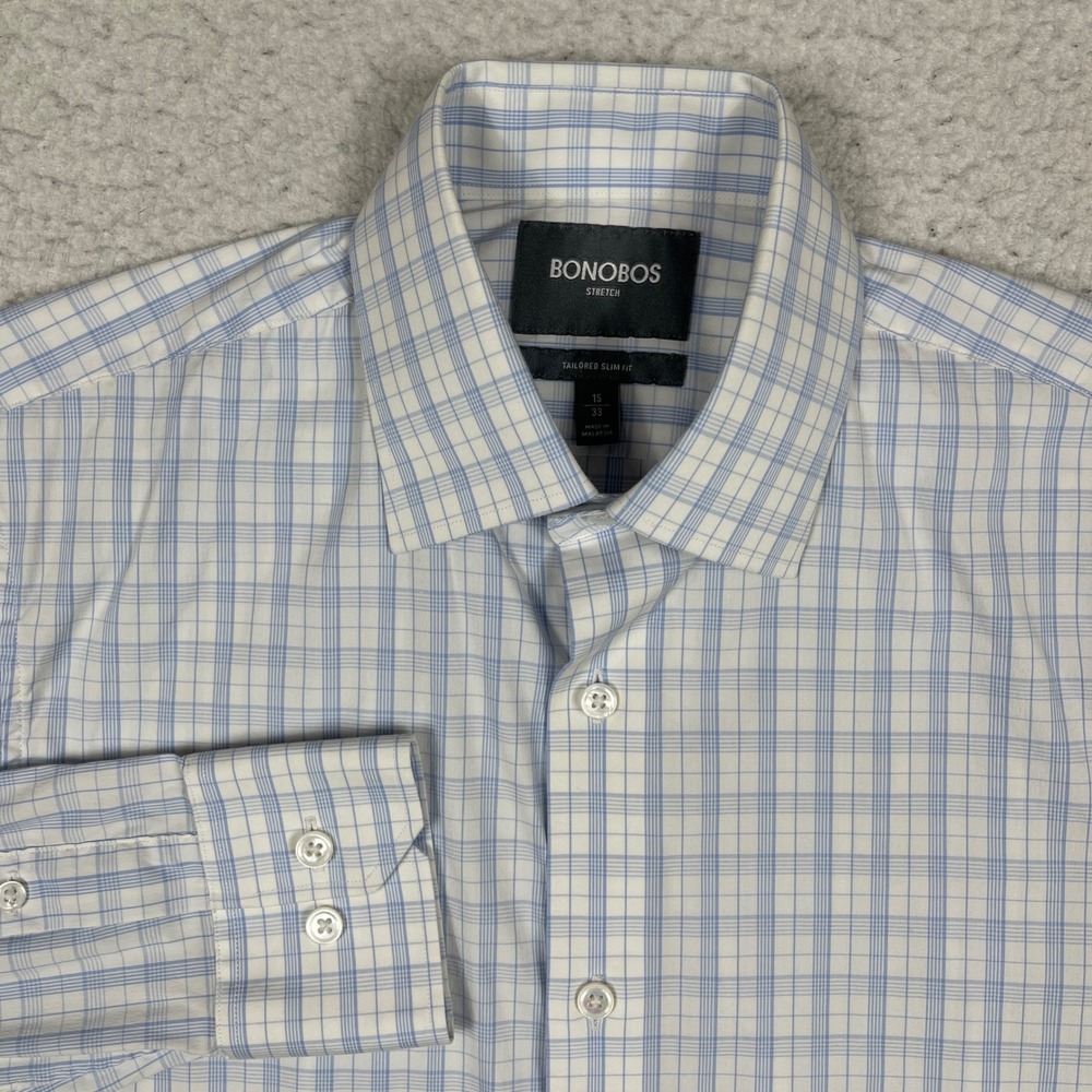 Bonobos Dress Shirt Mens 15/33 Blue White Plaid Tailored Slim Stretch Business